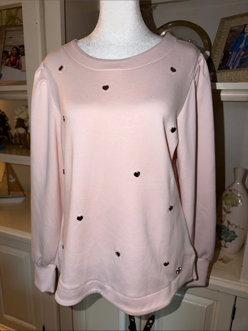 Adrienne Vittadini Light Pink Heart-Stud Sweatshirt